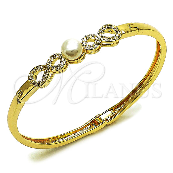 Oro Laminado Individual Bangle, Gold Filled Style Infinite and Ball Design, with White Cubic Zirconia and Ivory Pearl, Polished, Golden Finish, 07.237.0018.05 (Thickness, Size 5 (2.50 Diameter))