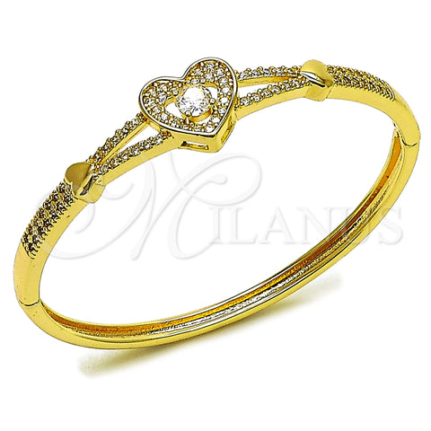 Oro Laminado Individual Bangle, Gold Filled Style Heart Design, with White Cubic Zirconia, Polished, Golden Finish, 07.237.0019.04 (13 MM Thickness, Size 4 (2.25 Diameter))