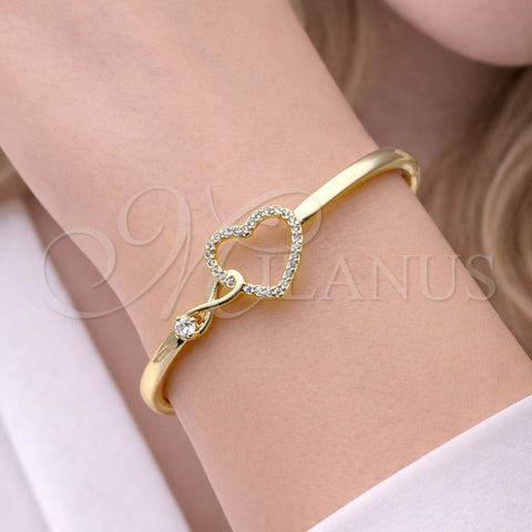 Oro Laminado Individual Bangle, Gold Filled Style Heart and Infinite Design, with White Cubic Zirconia, Polished, Golden Finish, 07.237.0024.04 (Thickness, Size 4 (2.25 Diameter))