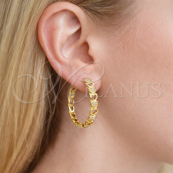 Gold Filled Hoop Earrings — Huggie Hoop Heart Design with White Micro Pave — alternate product view — SKU 164118 | Oro Laminado aretes de aro — Huggie Hoop corazón diseño with blanco Micro Pave — SKU 164118