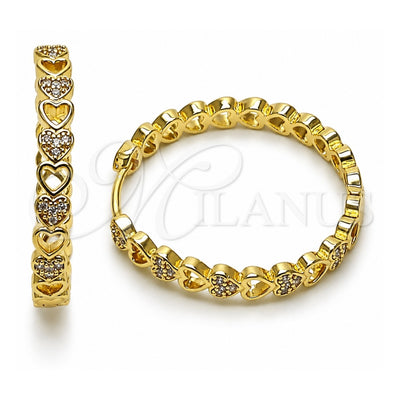 Oro Laminado Huggie Hoop, Gold Filled Style Heart Design, with White Micro Pave, Polished, Golden Finish, 02.237.0066.30