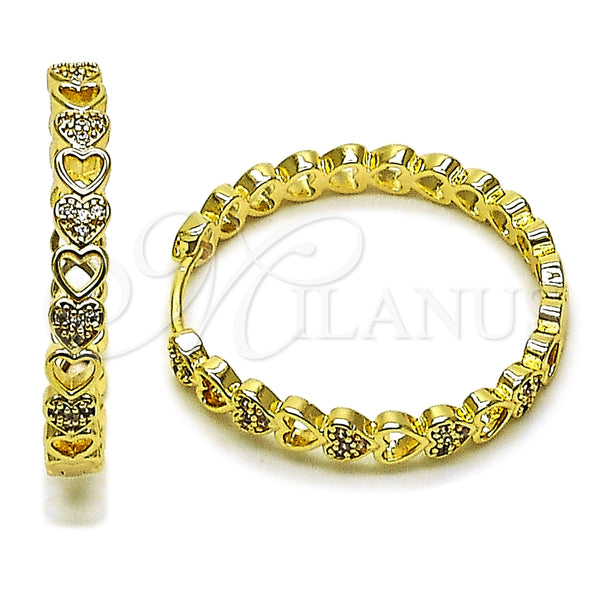 Gold Filled Hoop Earrings — Huggie Hoop Heart Design with White Micro Pave — main product view — SKU 164118 | Oro Laminado aretes de aro — Huggie Hoop corazón diseño with blanco Micro Pave — SKU 164118