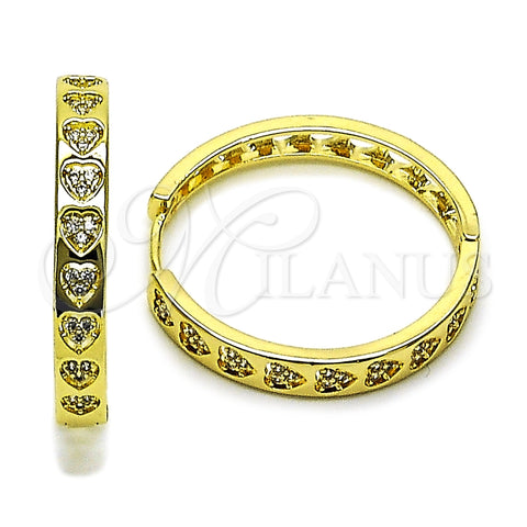 Oro Laminado Huggie Hoop, Gold Filled Style Heart Design, with White Micro Pave, Polished, Golden Finish, 02.237.0068.30