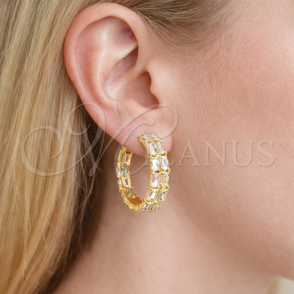 Oro Laminado Huggie Hoop, Gold Filled Style Baguette Design, with White Cubic Zirconia, Polished, Golden Finish, 02.237.0069.25