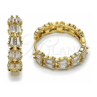 Oro Laminado Huggie Hoop, Gold Filled Style Baguette Design, with White Cubic Zirconia, Polished, Golden Finish, 02.237.0069.25