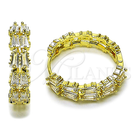 Oro Laminado Huggie Hoop, Gold Filled Style Baguette Design, with White Cubic Zirconia, Polished, Golden Finish, 02.237.0069.25