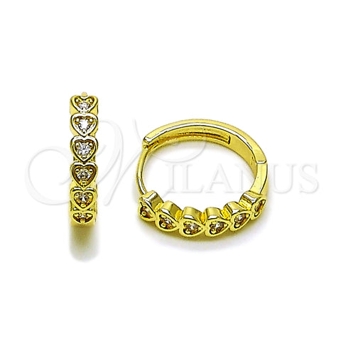Oro Laminado Huggie Hoop, Gold Filled Style Heart Design, with White Cubic Zirconia, Polished, Golden Finish, 02.237.0070.20