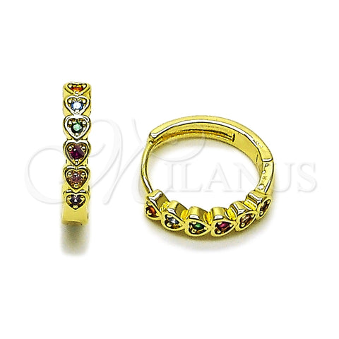 Oro Laminado Huggie Hoop, Gold Filled Style Heart Design, with Multicolor Cubic Zirconia, Polished, Golden Finish, 02.237.0070.1.20