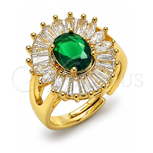 Oro Laminado Multi Stone Ring, Gold Filled Style Baguette and Cluster Design, with Green and White Cubic Zirconia, Polished, Golden Finish, 01.284.0110 (One size fits all)
