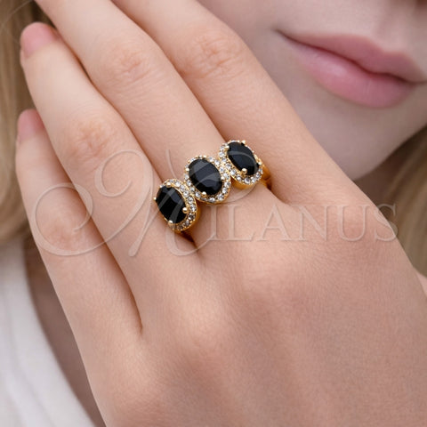 Oro Laminado Multi Stone Ring, Gold Filled Style Cluster Design, with Black Cubic Zirconia and White Micro Pave, Polished, Golden Finish, 01.284.0089.4 (One size fits all)