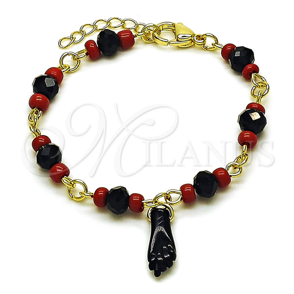 Oro Laminado Charm Bracelet, Gold Filled Style Figa Hand Design, with Black and Garnet Crystal, Polished, Golden Finish, 03.213.0435.06 (06 MM Thickness, 6 Inches Length)