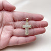 Oro Laminado Religious Pendant, Gold Filled Style Cross Design, with White Cubic Zirconia and White Micro Pave, Polished, Golden Finish, 05.344.0004