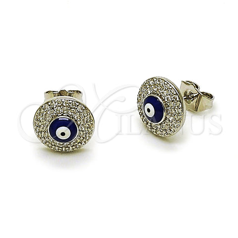 Rhodium Plated Stud Earring, Evil Eye Design, with White Micro Pave, Blue Enamel Finish, Rhodium Finish, 02.344.0182