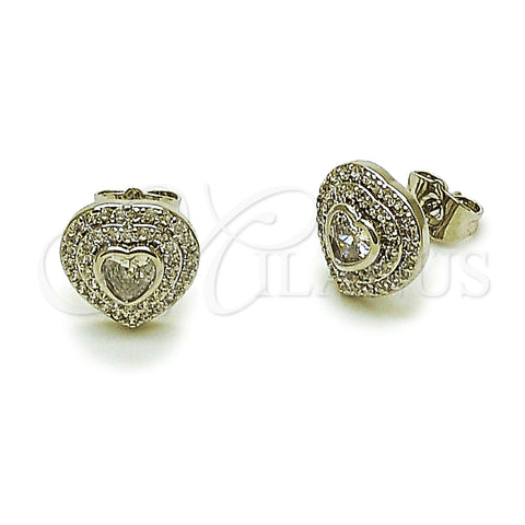 Rhodium Gold Filled Stud Earring, Heart and Cluster Design, with White Cubic Zirconia and White Micro Pave, Polished, Rhodium Finish, 02.344.0183