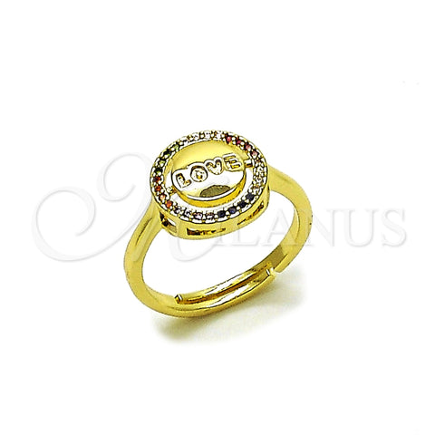 Oro Laminado Multi Stone Ring, Gold Filled Style Love Design, with Multicolor Micro Pave, Polished, Golden Finish, 01.196.0046 (One size fits all)
