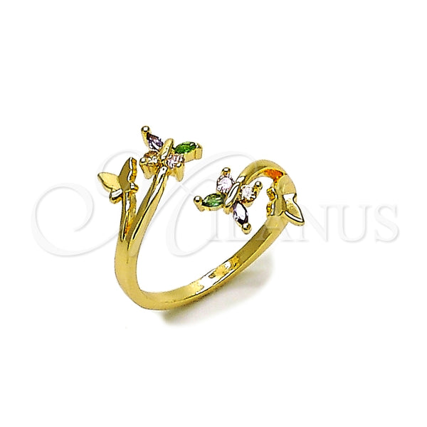Oro Laminado Multi Stone Ring, Gold Filled Style Butterfly Design, with Multicolor Cubic Zirconia, Polished, Golden Finish, 01.196.0054 (One size fits all)