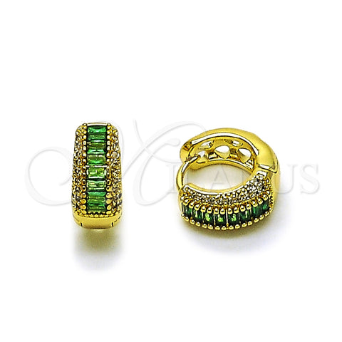 Oro Laminado Huggie Hoop, Gold Filled Style Baguette Design, with Green Cubic Zirconia and White Micro Pave, Polished, Golden Finish, 02.445.0001.5.15