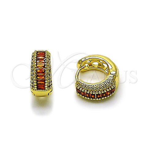 Oro Laminado Huggie Hoop, Gold Filled Style Baguette Design, with Garnet Cubic Zirconia and White Micro Pave, Polished, Golden Finish, 02.445.0001.7.15