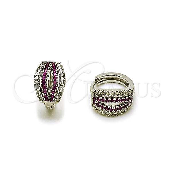 White Gold Filled Hoop Earrings — Huggie Hoop with Ruby and White Micro Pave — main product view — SKU 164217 | Oro Laminado Blanco aretes de aro — Huggie Hoop with Ruby and blanco Micro Pave — SKU 164217