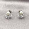 Rhodium Gold Filled Stud Earring, Flower Design, with White Cubic Zirconia and Ivory Pearl, Polished, Rhodium Finish, 02.260.0035