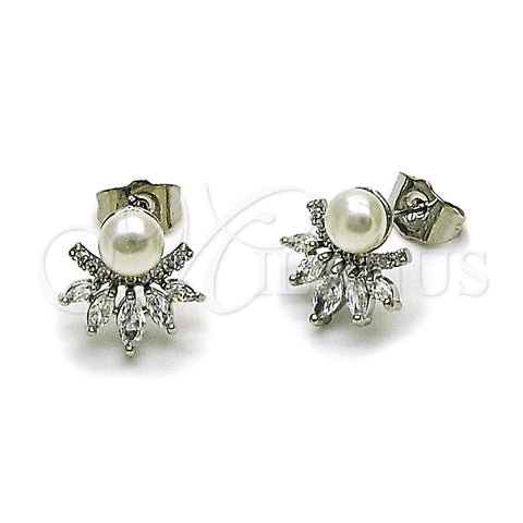 Rhodium Gold Filled Stud Earring, Flower Design, with White Cubic Zirconia and Ivory Pearl, Polished, Rhodium Finish, 02.260.0035
