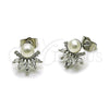 Rhodium Gold Filled Stud Earring, Flower Design, with White Cubic Zirconia and Ivory Pearl, Polished, Rhodium Finish, 02.260.0035