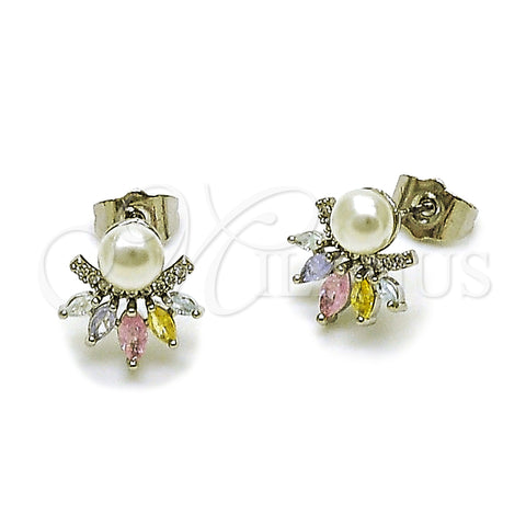 Rhodium Gold Filled Stud Earring, Flower Design, with Multicolor and White Cubic Zirconia, Polished, Rhodium Finish, 02.260.0035.1