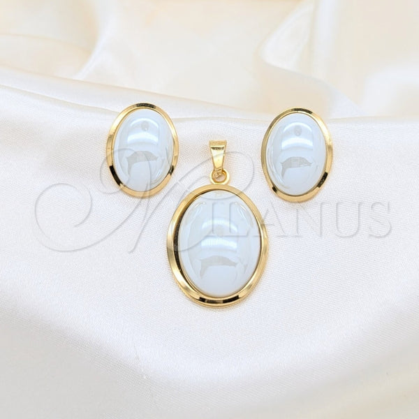 Stainless Steel Necklace and Earring, with White Mother of Pearl, White Polished, Golden Finish, 06.116.0211