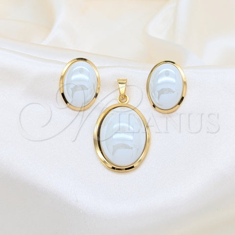 Stainless Steel Necklace and Earring, with White Mother of Pearl, White Polished, Golden Finish, 06.116.0211