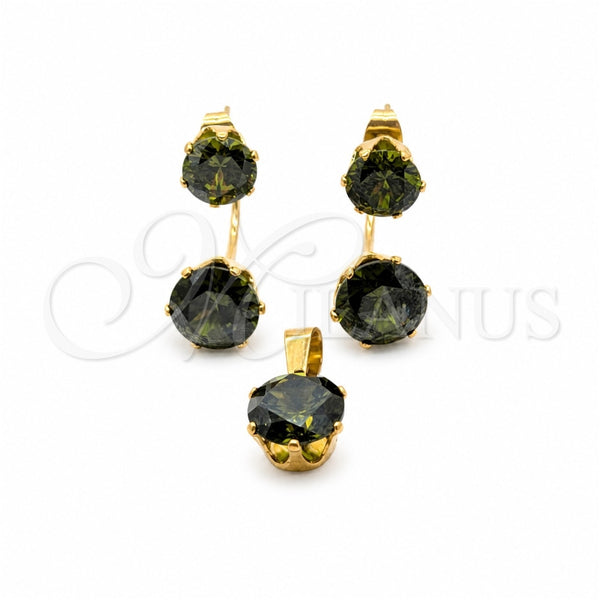 Stainless Steel Necklace and Earring, with Green Cubic Zirconia, White Polished, Golden Finish, 06.116.0212