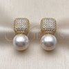 Oro Laminado Stud Earring, Gold Filled Style Ball Design, with Ivory Pearl and White Micro Pave, Polished, Golden Finish, 02.436.0029