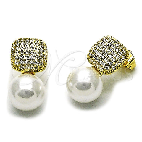 Oro Laminado Stud Earring, Gold Filled Style Ball Design, with Ivory Pearl and White Micro Pave, Polished, Golden Finish, 02.436.0029