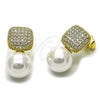 Oro Laminado Stud Earring, Gold Filled Style Ball Design, with Ivory Pearl and White Micro Pave, Polished, Golden Finish, 02.436.0029