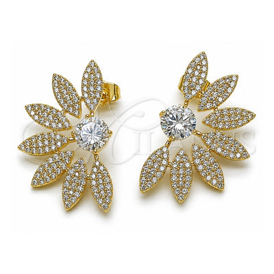 Oro Laminado Stud Earring, Gold Filled Style Flower Design, with White Cubic Zirconia and White Micro Pave, Polished, Golden Finish, 02.436.0033