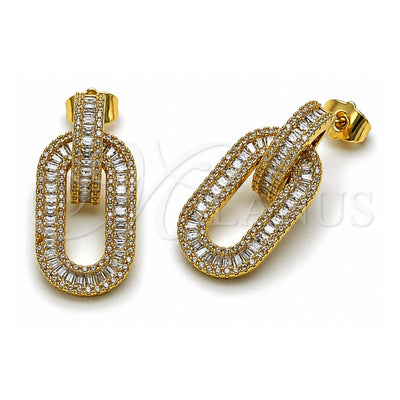 Oro Laminado Dangle Earring, Gold Filled Style Baguette and Cluster Design, with White Cubic Zirconia and White Micro Pave, Polished, Golden Finish, 02.436.0041
