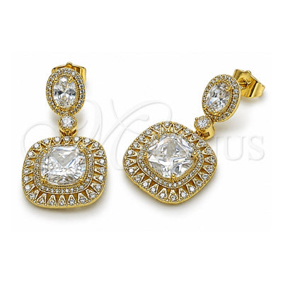 Oro Laminado Dangle Earring, Gold Filled Style Cluster Design, with White Cubic Zirconia and White Micro Pave, Polished, Golden Finish, 02.436.0044