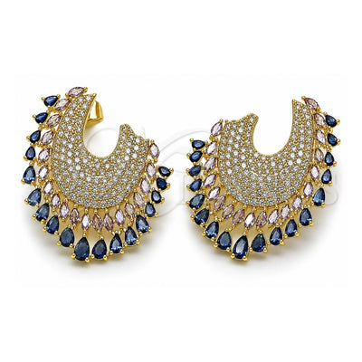 Oro Laminado Stud Earring, Gold Filled Style Teardrop Design, with Sapphire Blue and White Cubic Zirconia, Polished, Golden Finish, 02.436.0019.1