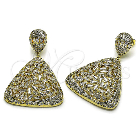 Oro Laminado Stud Earring, Gold Filled Style Teardrop and Baguette Design, with White Cubic Zirconia and White Micro Pave, Polished, Golden Finish, 02.436.0051
