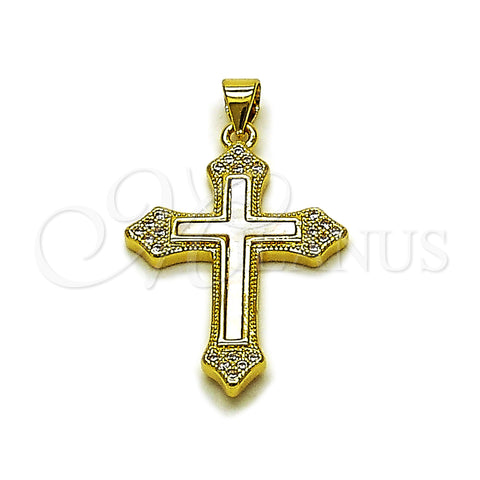 Oro Laminado Religious Pendant, Gold Filled Style Cross Design, with Ivory Mother of Pearl and White Pearl, Polished, Golden Finish, 05.447.0004