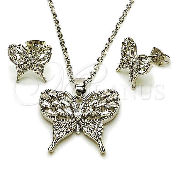 Rhodium Gold Filled Earring and Pendant Adult Set, Butterfly and Baguette Design, with White Cubic Zirconia and White Micro Pave, Polished, Rhodium Finish, 10.448.0004