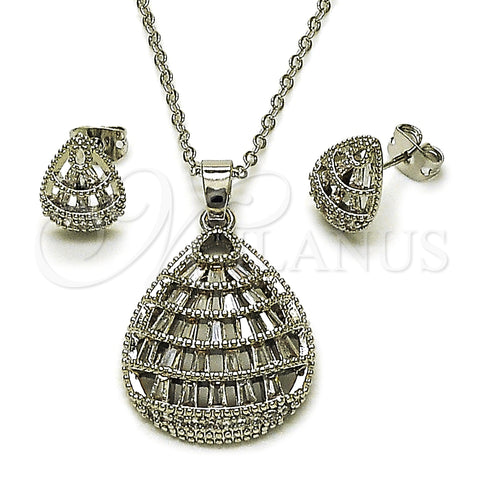 Rhodium Gold Filled Earring and Pendant Adult Set, Teardrop and Baguette Design, with White Cubic Zirconia, Polished, Rhodium Finish, 10.448.0005