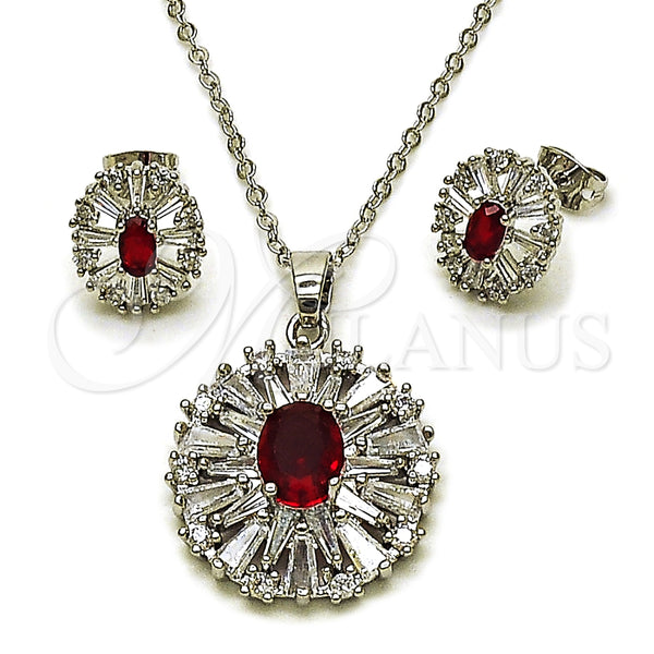 White Gold Filled Earring and Pendant Adult Set, Cluster and Baguette Design, with Garnet and White Cubic Zirconia, Polished, Rhodium Finish, 10.448.0011