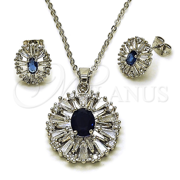 Rhodium Gold Filled Earring and Pendant Adult Set, Cluster and Baguette Design, with Sapphire Blue and White Cubic Zirconia, Polished, Rhodium Finish, 10.448.0011.1