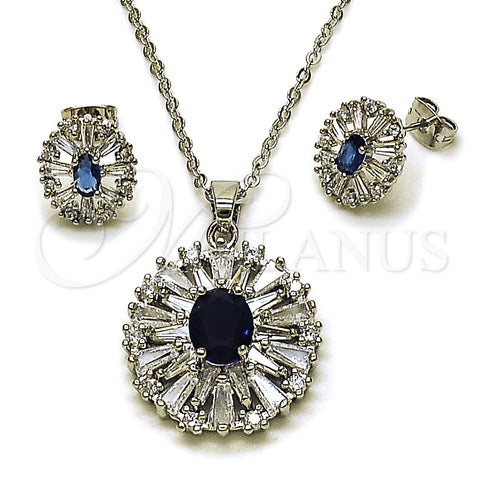 Rhodium Gold Filled Earring and Pendant Adult Set, Cluster and Baguette Design, with Sapphire Blue and White Cubic Zirconia, Polished, Rhodium Finish, 10.448.0011.1