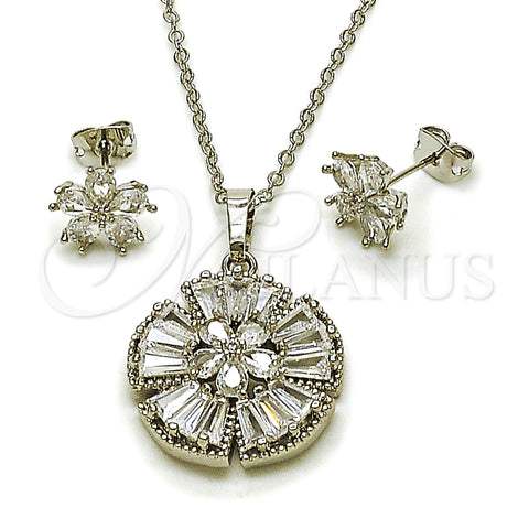 Rhodium Gold Filled Earring and Pendant Adult Set, Flower and Cluster Design, with White Cubic Zirconia, Polished, Rhodium Finish, 10.448.0014