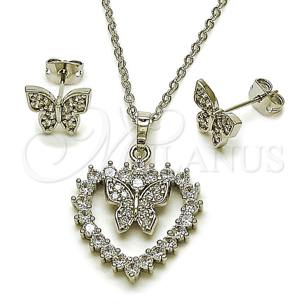 Rhodium Gold Filled Earring and Pendant Adult Set, Heart and Butterfly Design, with White Cubic Zirconia, Polished, Rhodium Finish, 10.448.0022