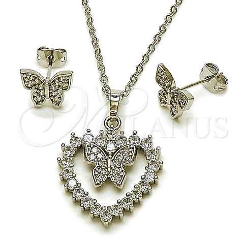 Rhodium Gold Filled Earring and Pendant Adult Set, Heart and Butterfly Design, with White Cubic Zirconia, Polished, Rhodium Finish, 10.448.0022