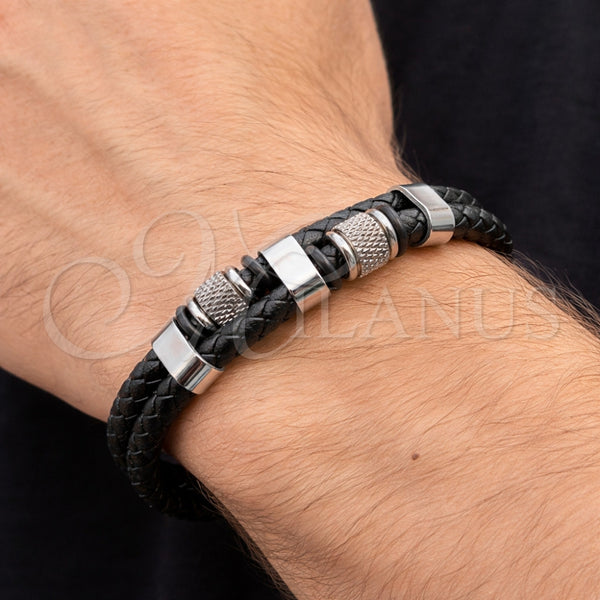Stainless Steel Bracelet — Fancy Bracelet Black Leather 03. Thickness 9 Inches — alternate product view — SKU 164335 | Acero Inoxidable brazalete — elegante Bracelet negro Leather 03. Thickness 9 Inches — SKU 164335