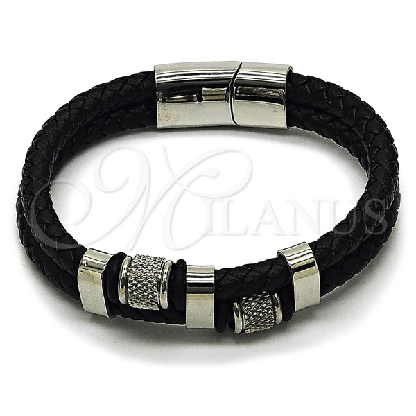 Stainless Steel Bracelet — Fancy Bracelet Black Leather 03. Thickness 9 Inches — main product view — SKU 164335 | Acero Inoxidable brazalete — elegante Bracelet negro Leather 03. Thickness 9 Inches — SKU 164335