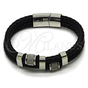 Stainless Steel Bracelet — Fancy Bracelet Black Leather 03. Thickness 9 Inches — main product view — SKU 164335 | Acero Inoxidable brazalete — elegante Bracelet negro Leather 03. Thickness 9 Inches — SKU 164335